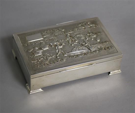 An Indian white metal cigarette box, 14cm.